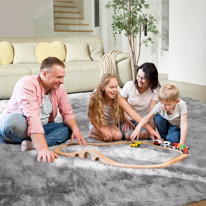 Ultra Soft Rug for Living Room, 8X10 Tie-Dyed Light Grey Fluffy Shag Area Rug for Bedroom, Modern Shaggy Carpets Fuzzy Rug for Teens Dorm Nursery Home Decor Aesthetic, Upgrade Anti-Skid Durable
