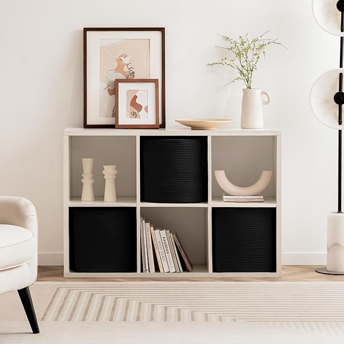 joybest Cube Storage Bins Set of 4, 13inch Cube Baskets Organizer for Nursery, Square Cotton Rope Baskets for Shelves Organizing, Kids Toy, Closet Storage, Black