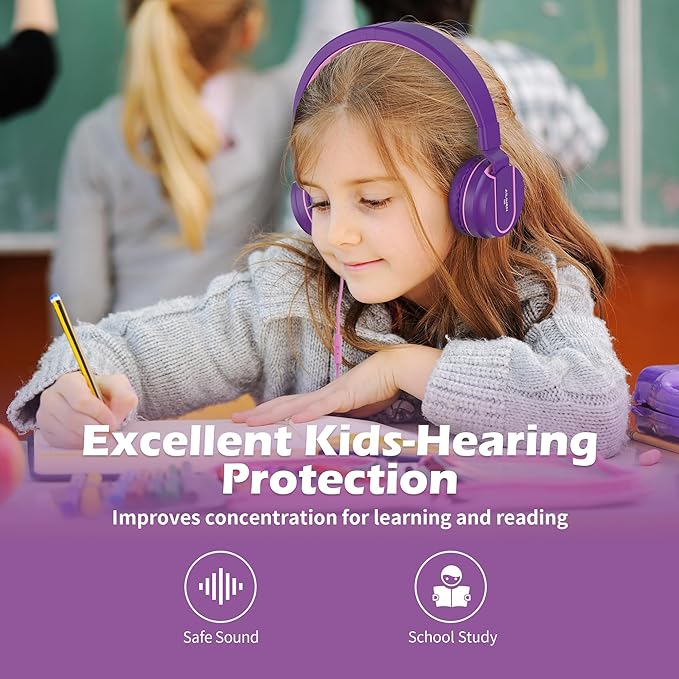 Kids Headphones, AILIHEN I35 On-Ear Headphones for School, Safe Volume 93dB, HD Mic Stereo Headphone for Kid Girls Children, Foldable Wired 3.5mm for Chromebook, Laptop, Computer, Tablet (Pink Purple)