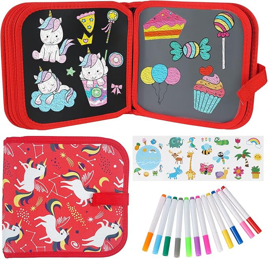 Erasable Book Doodle Set for Kids, Magic Drawing Book with 12 Watercolor Pens, Reusable 14 Page Art Set for Boys and Girls