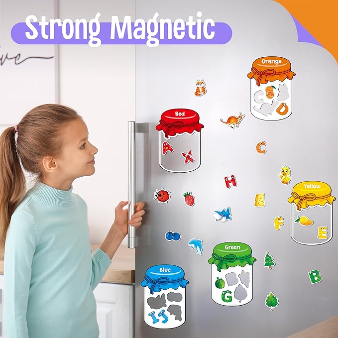 12 Pieces Magnetic Color Sorting Jars, 60 Color & Letter Magnets for Fridge Whiteboard, Early Educational Sorting Toy Set, Alphabet A-Z Learning Tool for Baby Toddlers Kids