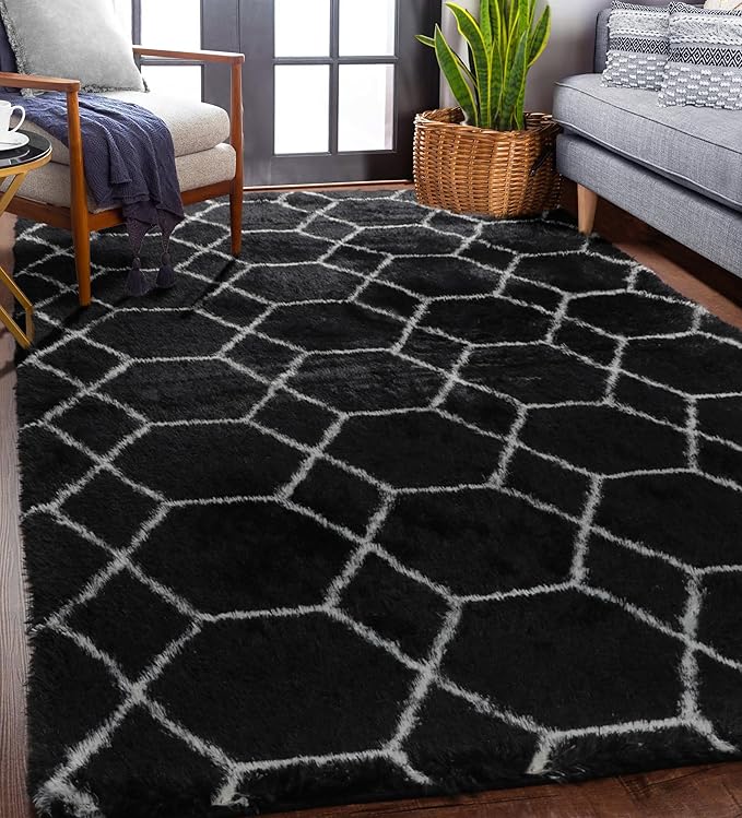 ONASAR Area Rugs for Living Room Bedroom, 5x8 Washable Fluffy Black and White Rug, Geometric Boho Soft Plush Shaggy Fuzzy Floor Carpet for Nursery Kids Girls Boys Teen Dorm Home Decor Aesthetic