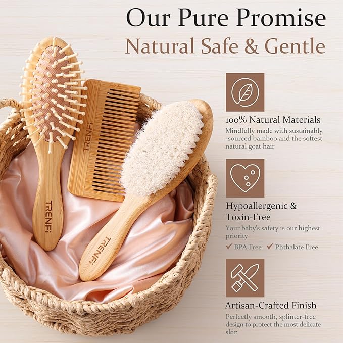 Bamboo Baby Brush and Comb Set (3-Piece) | Ultra-Soft Goat Bristle Newborn Hair Brush for Gently Soothing Cradle Cap | Natural Massage Brush & Toddler Comb | Perfect Baby Registry & Shower Gift