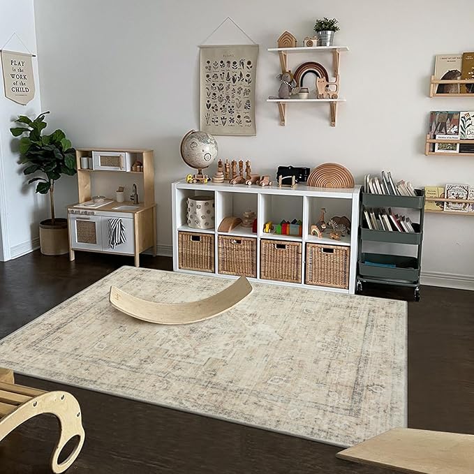 LIVEBOX Bedroom 4x6 Washable Area Rug for Entryway Kitchen, Non-Slip Soft Boho Rugs for Dining Room Office, Farmhouse Low-Pile Neutral Soft Carpet for Nursery Room Playroom, Tan