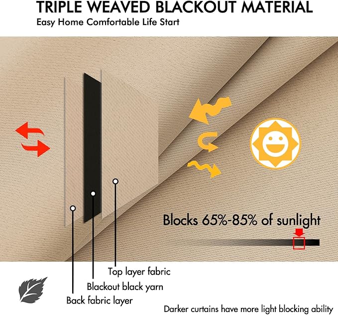 ANRODUO Back Tab Blackout Curtains for Bedroom Living Room, Rod Pocket Pinch Pleated Thermal Insulated Room Darkening Curtains 63 Inches Long 2 Panels, Beige, 42 x 63 Inch