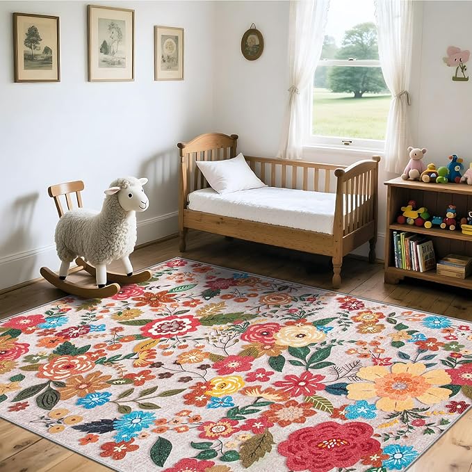 Area Rug Living Room Rugs: 5x7 Washable Rug Vintage Floral Soft Boho Non Slip Carpet Indoor Floor Non Shedding Low Pile Thin Carpets for Bedroom Dining Room Farmhouse Nursery Home Office Beige