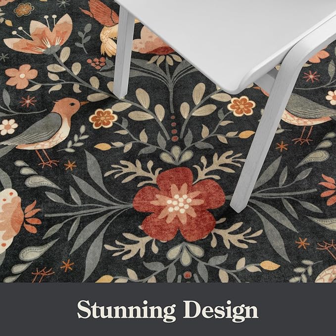 Moynesa Boho Birds 8x10 Area Rugs for Living Room, Black Floral Bedroom Rug Washable Low-Pile Playroom Rug, Vintage Soft Jungle Pattern Indoor Floor Carpet for Nursery Dining Room