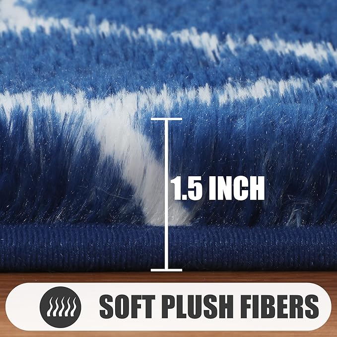 ONASAR Large 6x9 Area Rugs for Living Room, Fluffy Geometric Navy and White Rug for Boys Bedroom Home Decor Aesthetic, Soft Shaggy Plush Floor Carpet for Girls Teen Nursery Playroom Office Dorm