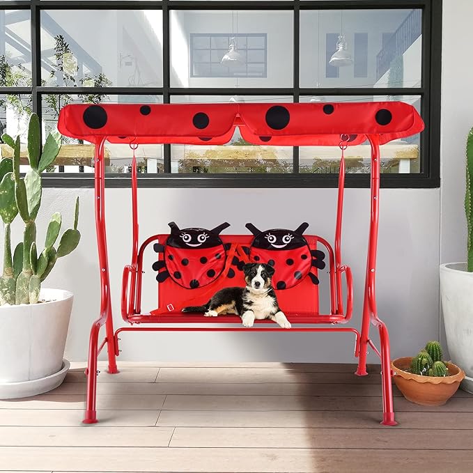 GLACER Porch Swing, Kids Patio Hammock w/Adjustable Canopy & Stand, Safety Belt, 2 Seats Outdoor Swing Bench, Metal Frame Hanging Lounge Chair, Swing Sets for Backyard, Garden, Poolside (Red Ladybug)