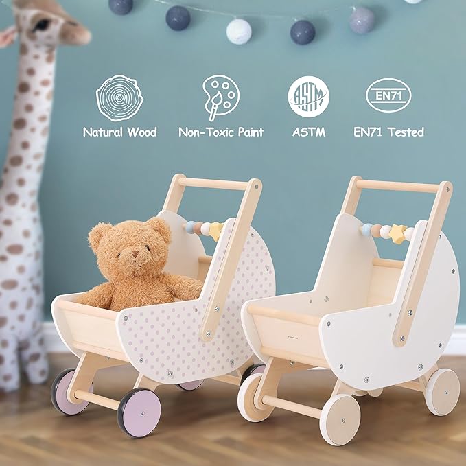 Wooden Baby Walker & Doll Stroller – Adjustable Handle Push Cart, Anti‑Tip, Quiet Wheels, Pretend Shopping Cart – Montessori Wooden Walker for Babies , Doll Stroller for Toddlers 12m+