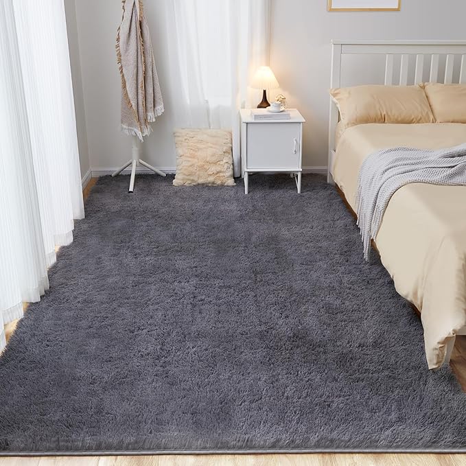 Fluffy Shag Area Rug, 4x6 Grey Rugs for Bedroom, Soft Plush Area Rugs for Living Room, Non-Slip Indoor Carpet for Nursery, Study Room, Dressing Room, Home Decor