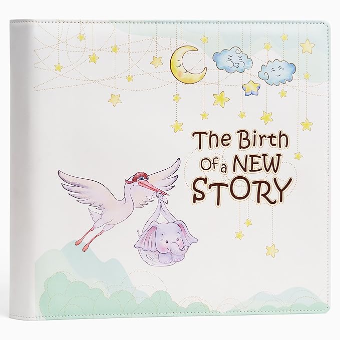Leather-Bound Baby Memory Book Boy Girl - Beautiful Baby Scrapbook Album with Monthly Milestone Stickers | Loose-Leaf Elephant Baby Book Memory Keepsake Journal for Newborns