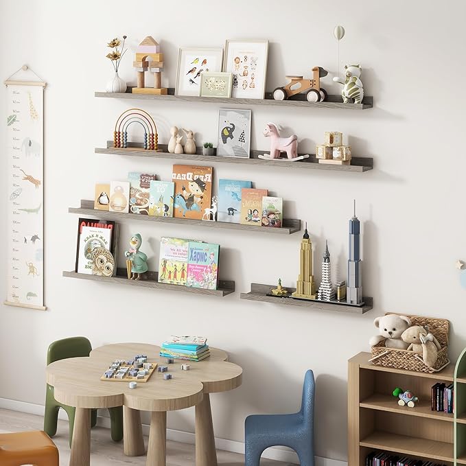 Picture Ledge Shelf - 24 Inches Floating Shelves Set of 2 - Rustic Elm Wood Ledge Shelves for Toys Storage, Kids Bookshelf Wall Mounted for Bedroom, Living Room, Kitchen - 24 Inches - Grey