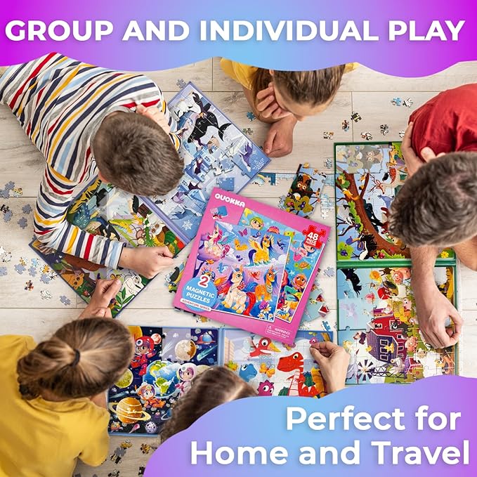 QUOKKA Magnetic Puzzles for Kids Ages 4-6 - 2x48 Travel Puzzle Games for Toddlers 3-5 Years Old - Car Activities Toy for Boys and Girls 2-4 yo - Unicorns & Mermaid Learning Magnet for Road Trip
