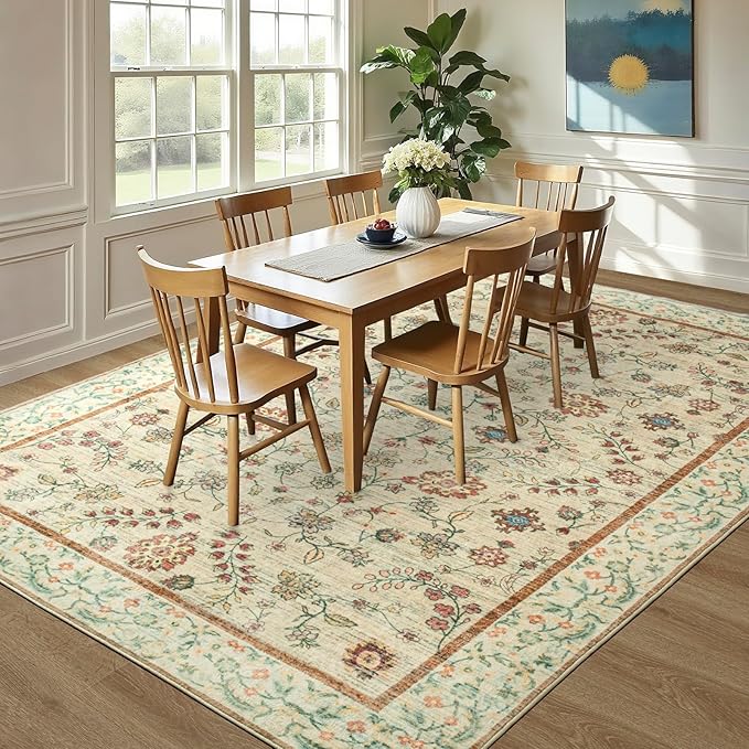 LOCHAS Washable Area Rugs 8x10, Beige Floral Rug for Living Room Bedroom Non Slip, Ultra Soft Vintage Indoor Carpet for Kids, Nursery, Dorm, Dining Room, Classroom, Boho Flower Home Decor, Low-Pile