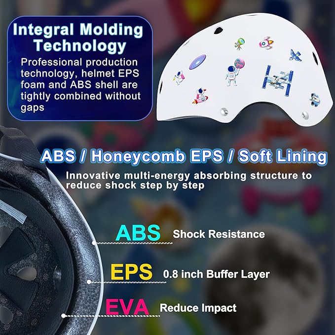 Kids Bike Helmet with DIY Stickers and Knee Pads Elbow Pads Wrist Guard Set for Ages 3-8-14 Toddler Boys Girls Helmet for Roller Skates Cycling Skateboarding Bicycle Scooter