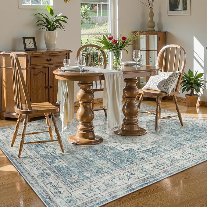 LIVEBOX Washable Area Rug 5x7 Rugs for Living Room Bedroom, Non-Slip Boho Indoor Carpet for Dining Room Office, Low-Pile Farmhouse Soft Carpets for Kids Nursery Room Playroom, Blue