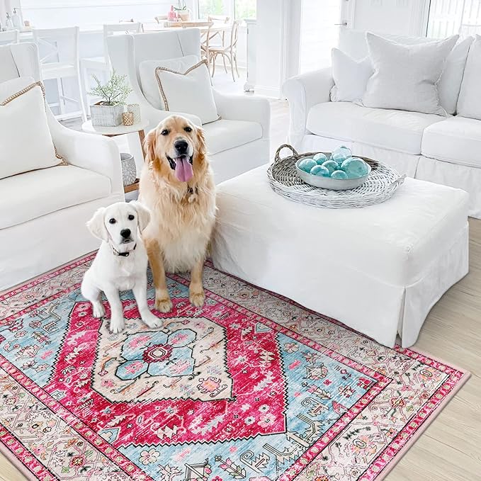 Lahome Boho Round Rug - 4Ft Washable Area Rug, Non-Slip Small Bathroom Rug, Lightweight Bedroom Throw, Oriental Distressed Print Carpet for Entryway, Sofa, Nursery, Kids Room