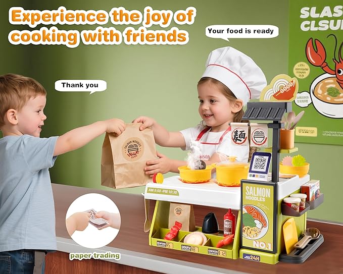 Kids Kitchen Food PlaySet - Simulated Seafood Fast Food Restaurant Toy with Cash Register, Includes Color-Changing Food Sound and Light Effects, Suitable Birthday Gift for Boys and Girls Aged 3-5