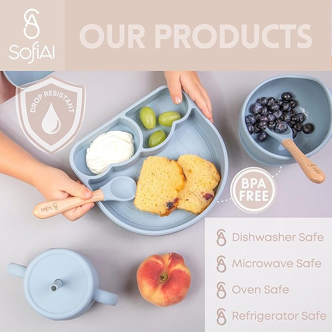 All In One Silicone Feeding Set - Safe for 6-12 Months - Non-Toxic Baby Led Weaning Supplies - Toddler Self Feeding Utensils - BPA-Free - Mess Free Essentials