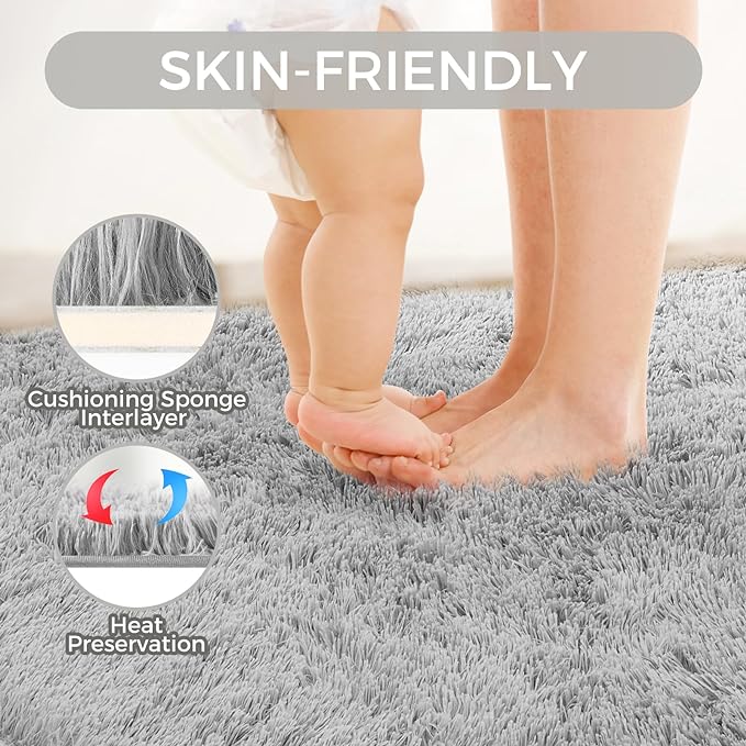 Ultra Soft Rug for Living Room, 5X8 Fluffy Shag Area Rug for Bedroom, Modern Shaggy Carpet Fuzzy Rug for Teens Dorm Nursery Home Decor Aesthetic, Upgrade Anti-Skid Durable, Light Grey