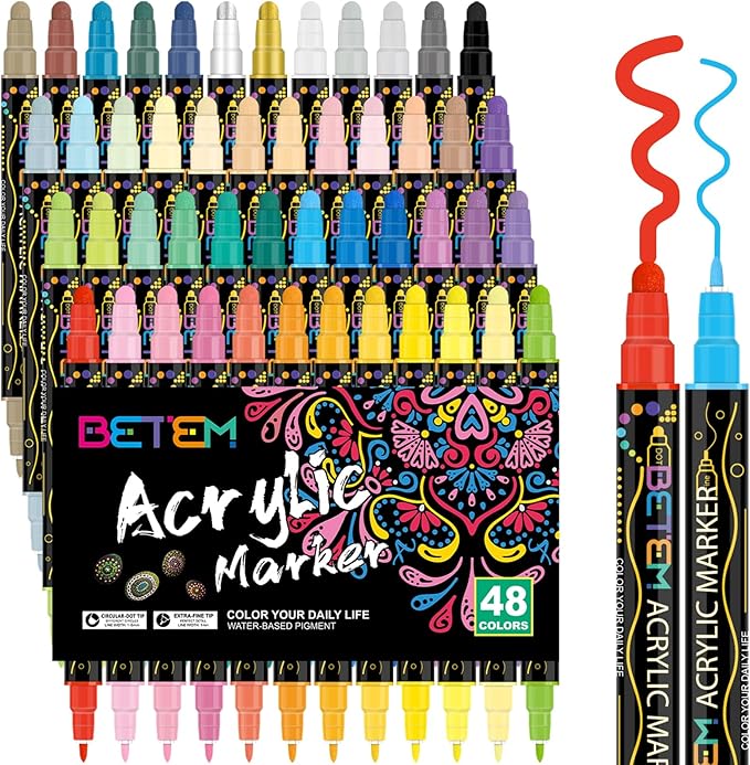 Betem 48 Colors Dual Tip Acrylic Paint Pens Markers, Premium Acrylic Paint Pens for Halloween Decorations, Wood, Canvas, Stone, Rock Painting, Glass, Ceramic Surfaces, Pumpkin Painting Kit DIY Crafts