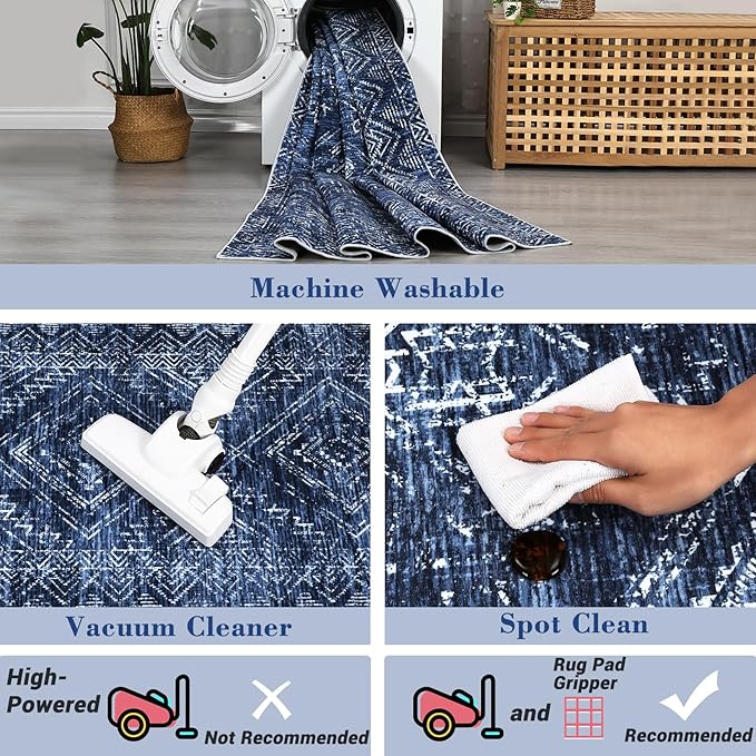 COZYLOOM Washable Area Rugs 10x13 Vintage Non Slip Low Pile Rug Soft Throw Floor Cover Geometric Tribal Foldable Indoor Carpet for Living Room Bedroom Playroom Nursery, Blue