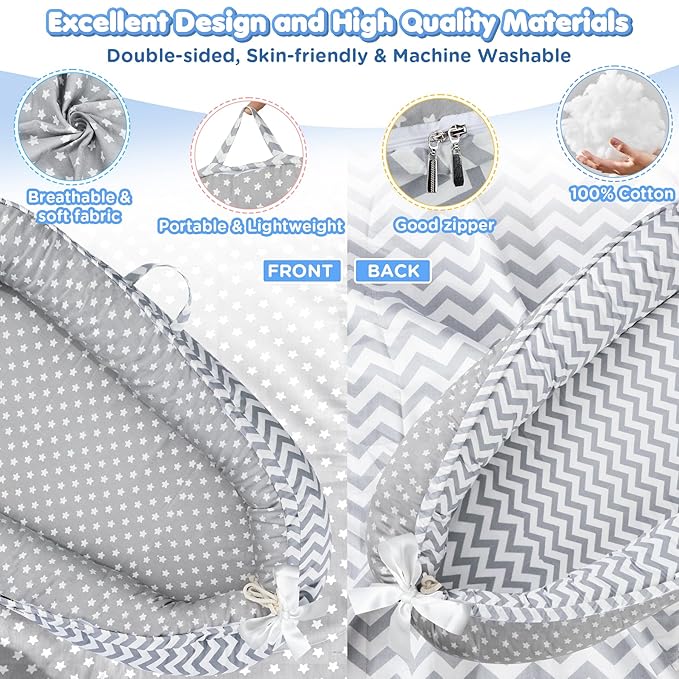 KISS GOLD Baby Lounger - Breathable Soft Cotton Cover Baby Lounger Nest, Babies Essentials Gifts, Portable Lounger for Baby Tummy Time Floor Playing Seated Support for Home and Travel