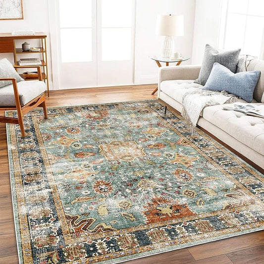 Area Rug 6'x9' Washable Vintage Traditional Distressed Thin Retro Kitchen Indoor Floor Cover Non Slip Carpet Floral Print Mat for Living Room Bedroom Dining Room
