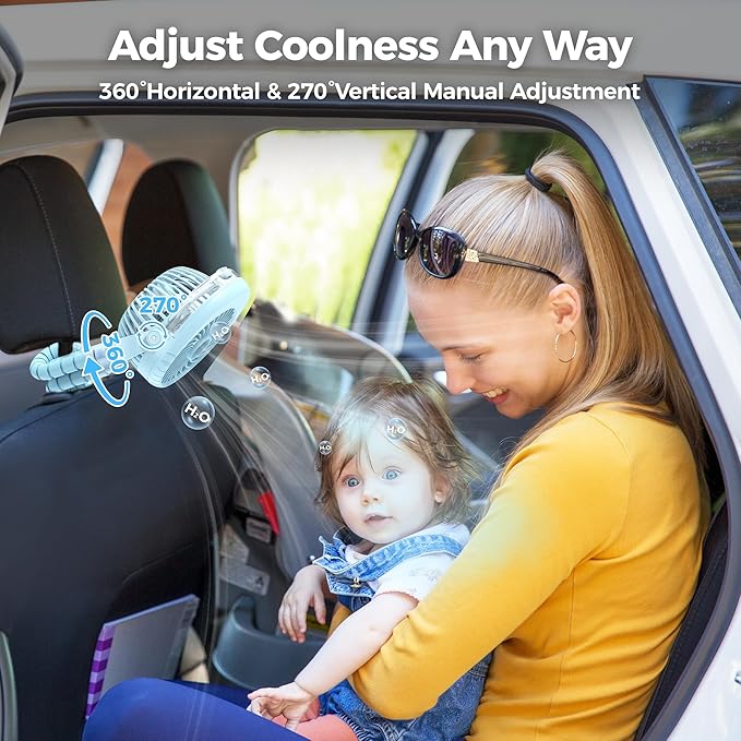 2025 Upgarded 4000mAh Misting Baby Stroller Fan, Rechargeable Battery Operated,Max 15Hrs Cooling,50ml Portable Water Sprayer Misting Fan with Flexible Tripod Clip on Car Seat Crib Treadmill Bunk Bed