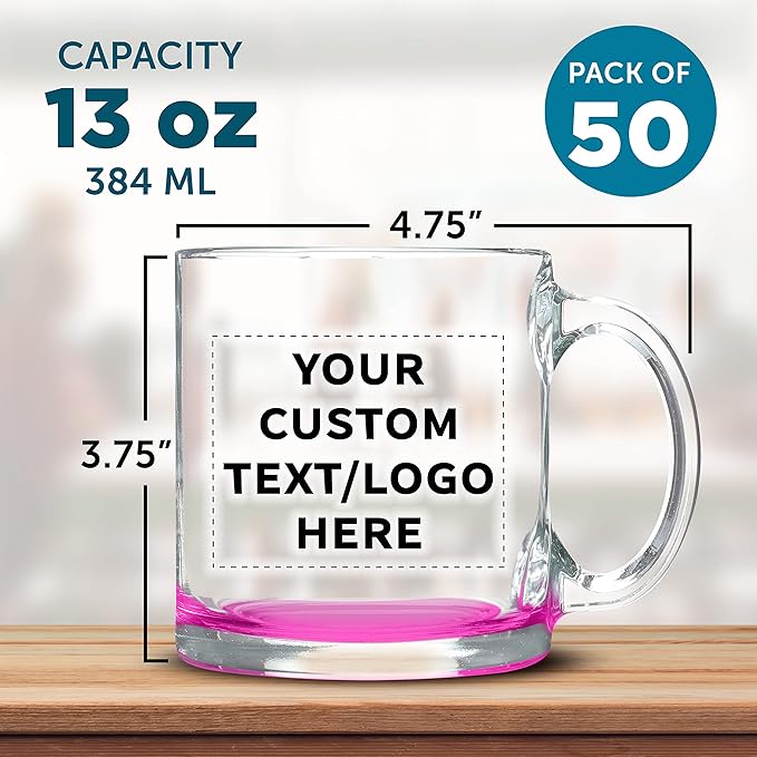Custom Libbey Clear Glass Coffee Mugs 13 oz. Set of 50, Personalized Bulk Pack - Perfect for Coffee, Tea, Espresso, Hot Cocoa, Other Beverages - Pink Bottom