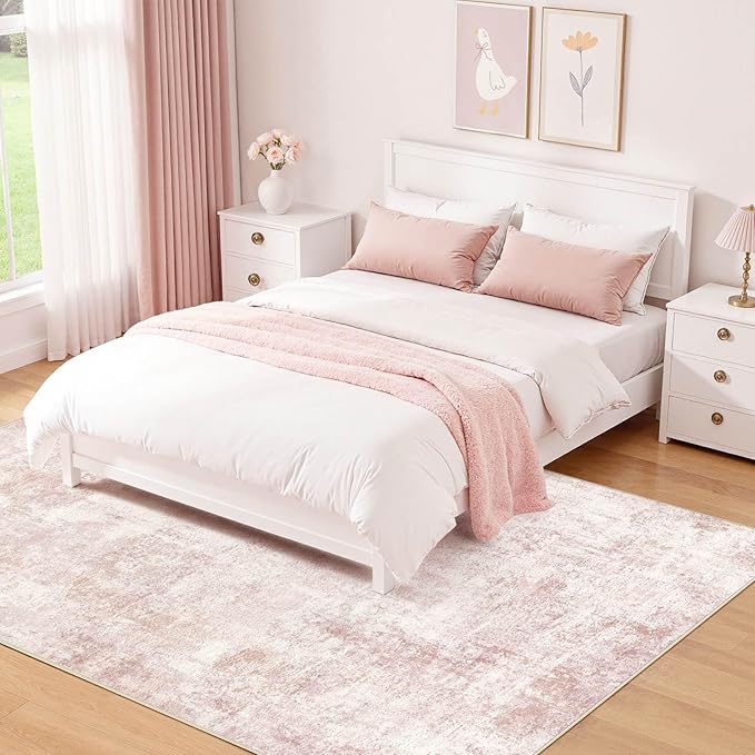 Pink Rugs for Bedroom Girls: 5x7 Washable Large Modern Soft Area Rug Indoor Non-Slip Cute Carpet for New Parents Aged 25-45 - Living Room Nursery Kids Playroom Preppy Room Baby Room Decor