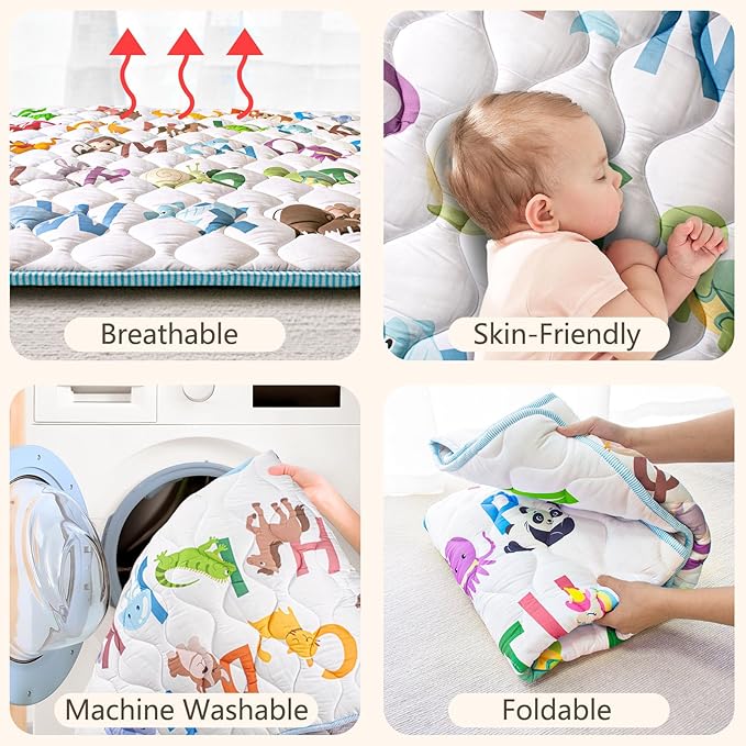 Baby Play Mat, 50x50 Playpen Mat with Super Soft Touch, Activity Mats with Upgraded Anti-Slip Bottom, Machine Washable Crawling Mats for Floor & Picnic (Animal Alphabets)