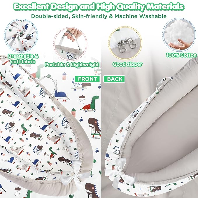 Baby Lounger - Baby Lounger for Newborn 0-24 Months, Breathable and Soft Cotton Cover Baby Nest, Portable Cozy Tummy Time Lounger for Home and Travel, Ideal Baby Essentials & Shower Gifts
