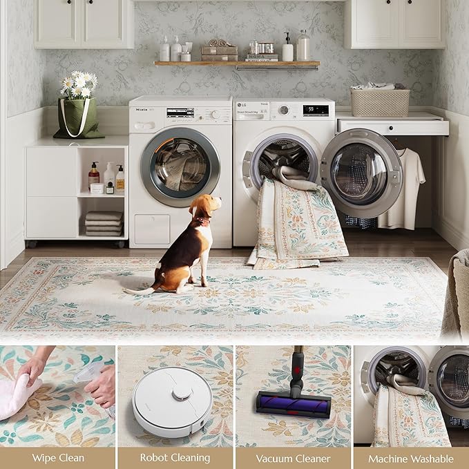 jinchan Vintage Floral Runner Rug 2x5 - Machine Washable Distressed Design Non-Slip Low-Pile Soft Thin Carpet for Hallway Kitchen Farmhouse Bedroom Entryway Laundry Room (2x5ft,Apricot Multi)