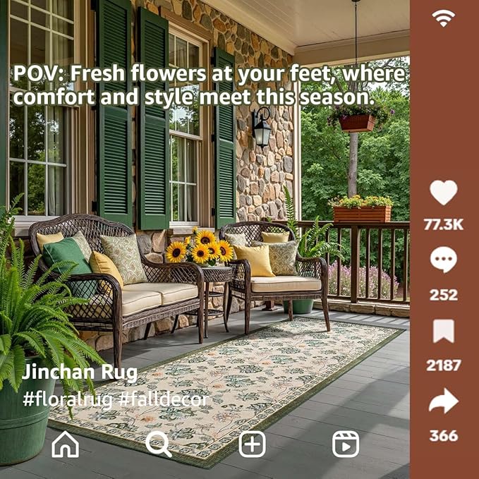 jinchan 3x8 Floral Runner Rug for Hallway Washable Kitchen Runner Vintage Romance Design Non Slip Thin Indoor Floor Cover Low-Profile Throw Carpet for Entryway Bathroom Bedroom Porch, Green/Beige