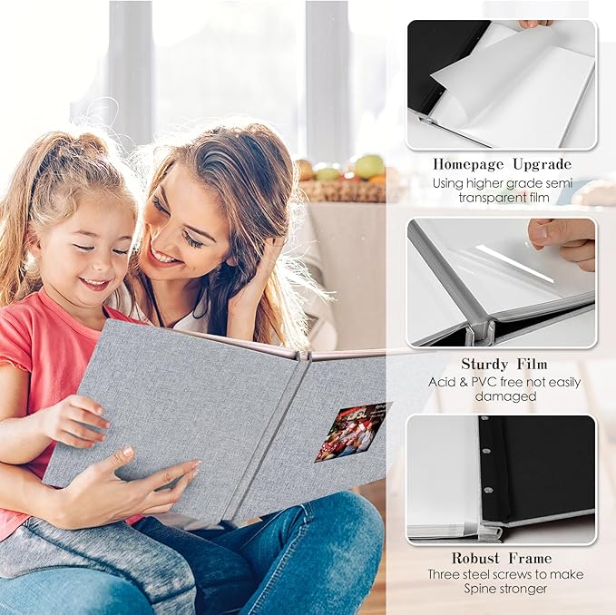 Spbapr Large Photo Album Self Adhesive 3x5 4x6 5x7 8x10 Pictures Magnetic Scrapbook 40 Blank Pages Linen Cover DIY Album with A Metal Pen Light Gray