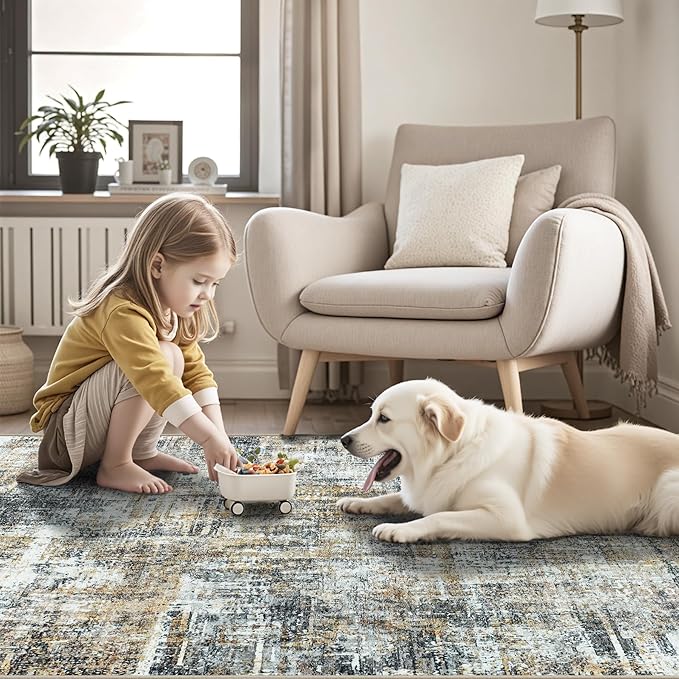 Area Rug 9x12 Washable Rugs: Abstract Large Living Room Rugs with Non-Slip Backing, Stain Resistant Indoor Floor Carpet for Bedroom Dining Room Table Nursery Hallway Home Office Brown/Gray