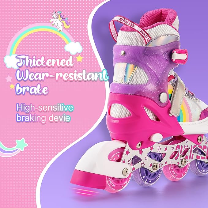 SULIFEEL Rainbow Unicorn Inline Skates for Girls Boys 4 Size Adjustable Light up Wheels Skates for Kids Beginner