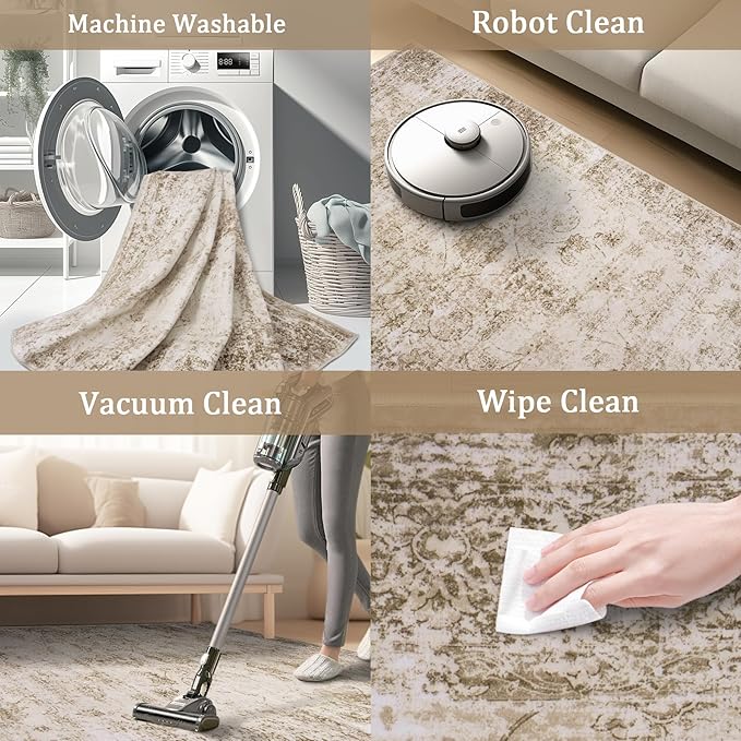 8x10 Area Rug Living Room Rugs - Washable Rug Large Modern Abstract Soft Thin Carpets Indoor Floor No Slip Vintage Carpet for Bedroom Under Dining Table Nursery Home Office Decor Beige