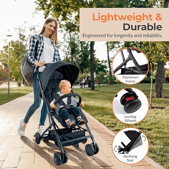 Jovial Lightweight Travel Baby Stroller - One-Hand Folding Compact Stroller with Multi-Position Reclining System - Retractable Sun Canopy, Extra-Large Storage Basket - Includes Airplane Storage Bag