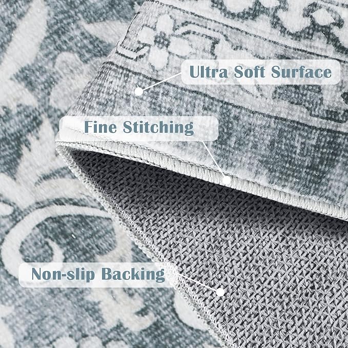 jinchan Hallway Runner Rug 3x10 - Machine Washable Grey Vintage Floral Distressed Design Soft Non-Slip Low-Pile Ultra-Thin Runner Rug for Kitchen Laundry Room Bedroom Farmhouse (3‘x10',Grey)