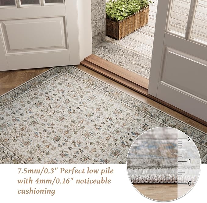 Washable 5x7 Area Rugs for Living Room, Boho Non-Slip Silicone Backing Rugs for Bedroom Dining Room Nursery Office, 0.3" Neutral Oriental Throw Carpet with 0.16" Cushioning Pad, Cream/Multi