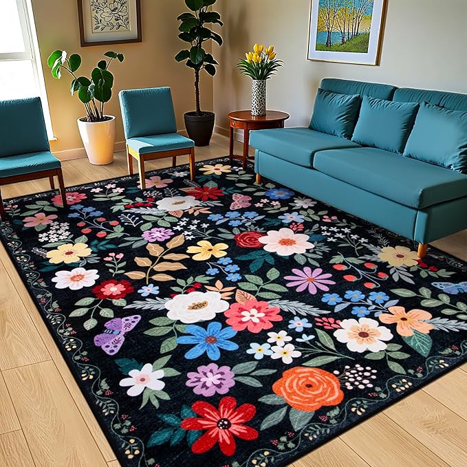 10x12 Area Rugs for Living Room: Floral Washable Rug Vintage Large Soft Boho Non-Slip Carpet Stain Resistant Low Pile Carpets for Bedroom Dining Room Farmhouse Nursery Hallway Home Office Black