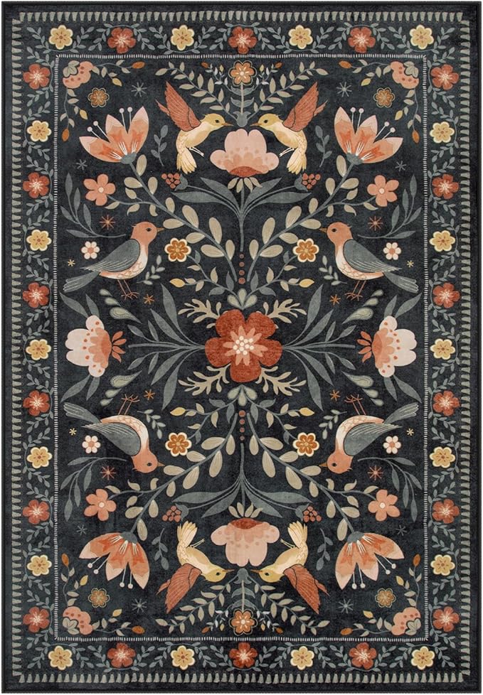 Moynesa Machine Washable 6x9 Area Rugs, Boho Bird Ultra Thin Living Room Rug Non Slip, Soft, Stain Resistant, Indoor Black Large Throw Carpet for Bedroom Office Dining Room Under Table