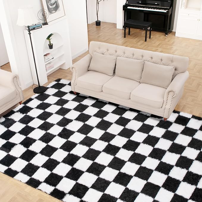 Super Soft Rug for Bedroom, 5x8 Ft Black and White Area Rug Classic Checkered Shaggy Anti-Skid High Pile Soft Fluffy Rug Fuzzy Carpet for Living Room Bedroom Kids Room Nursery, Dorm Home Decor