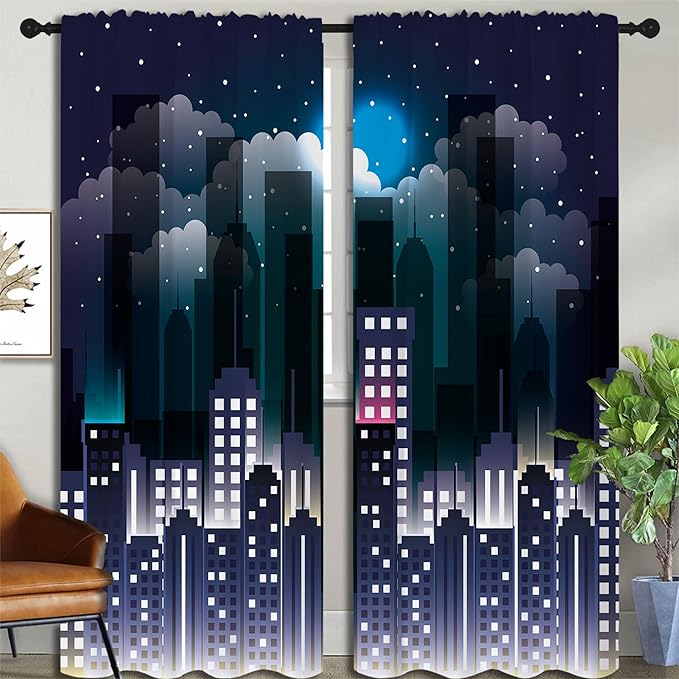 Superhero Rod Pocket Blackout Curtains for Boy Girl Bedroom, Violet Night Sky Buildings Cityscape Home Energy Efficient Light Filtering Window Curtain for Living Room,84x84 inch