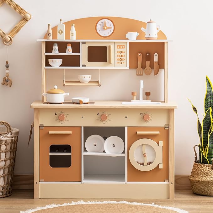 ROBOTIME Wooden Play Kitchen Set, Play Kitchen Set for Kids with Realistic Design, Kids & Toddlers Kitchen Playset with Dishwasher, Toy Kitchen Set for Boys and Girls Ages 3+ (Brown)
