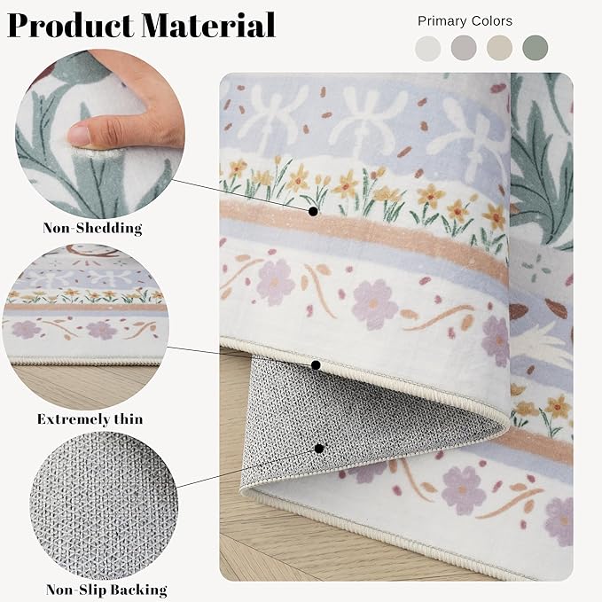 Area Rug 4x6 Rug Washable Vintage Floral Botanical Rugs Non Slip Low Pile Small Carpet for Bedroom, Bedside, Kids Room, Office, Dining Room, Beige