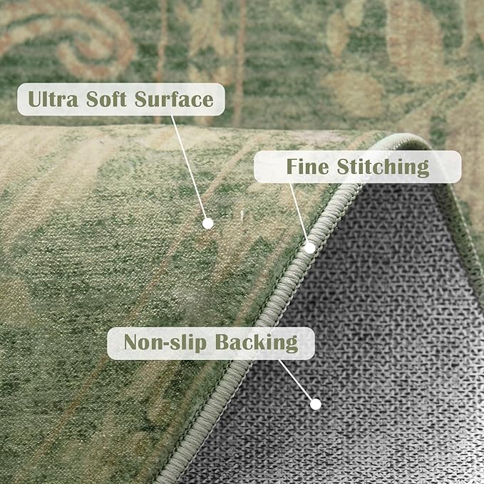 jinchan Round Rug 6ft Area Rugs Vintage Floral Distressed Design,Machine Washable Soft Non-Slip Low-Pile Ultra-Thin Circle Rug for Bedside Living Room Dining Room Bedroom (6' Round, Dark Green)